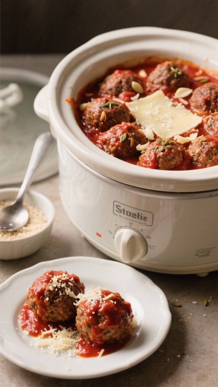 Straight-on slow-cooker reveal: A ceramic slow-cooker insert filled with plump beef and Italian sausage meatballs bathed in marinara, cheese melted into luxurious pockets; Parmesan crystals catching light, fennel seeds and minced garlic visible on the meatball surface, almond flour binder noted by a small dish nearby. Ladle resting on the rim, a plate in front with two saucy meatballs and extra Parmesan sprinkle; cozy Sunday mood, rich reds and burnished browns, soft natural light.