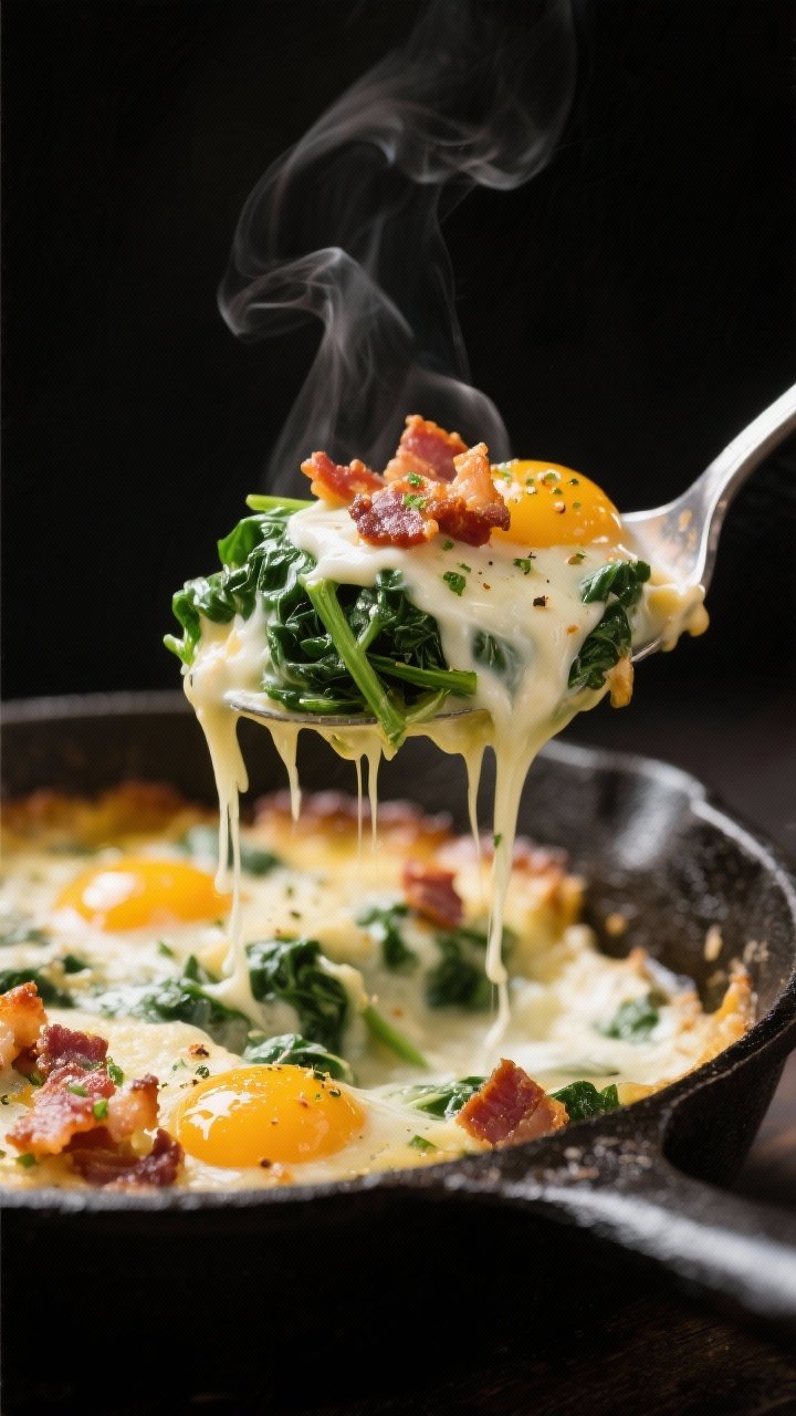 Tight close-up of a creamy ranch-style spinach casserole scoop being lifted from a cast-iron skillet: crisped bacon bits glistening, flecks of green spinach, gooey melted Monterey Jack, and a luscious egg mixture enriched with heavy cream and sour cream. Visible steam, ranch seasoning speckles, and a spoon trailing cheesy strands. Dark moody backdrop to emphasize glossy textures and indulgent, comforting appeal.