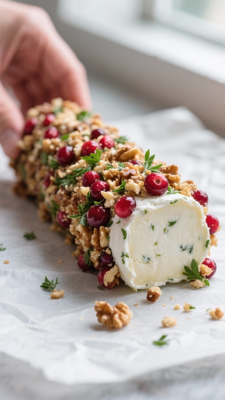 Close-up detail: A chilled goat cheese log being rolled in a finely chopped cranberry–toasted waln