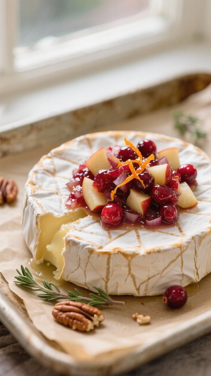 Close-up detail: A just-baked Brie wheel on parchment with a glossy cranberry-apple chutney mound ce