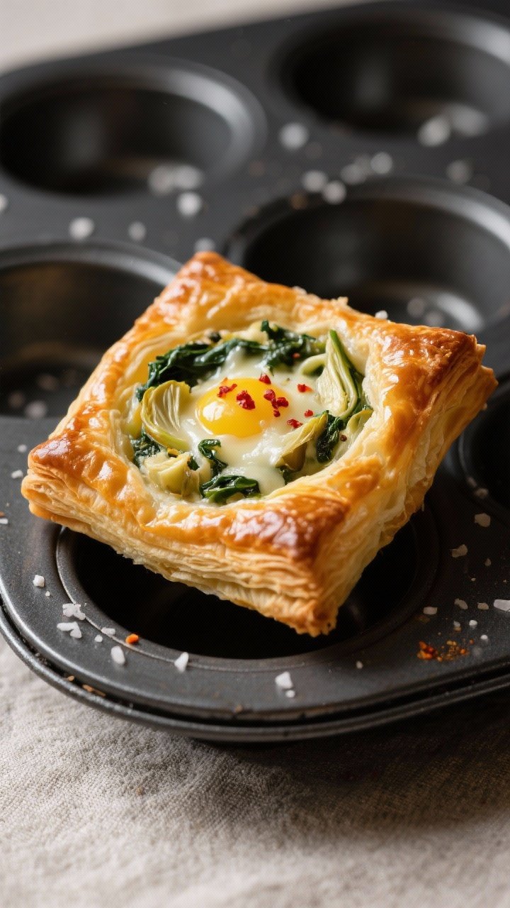 Close-up detail: A just-baked spinach artichoke puff pastry bite lifted from a mini muffin tin, corn