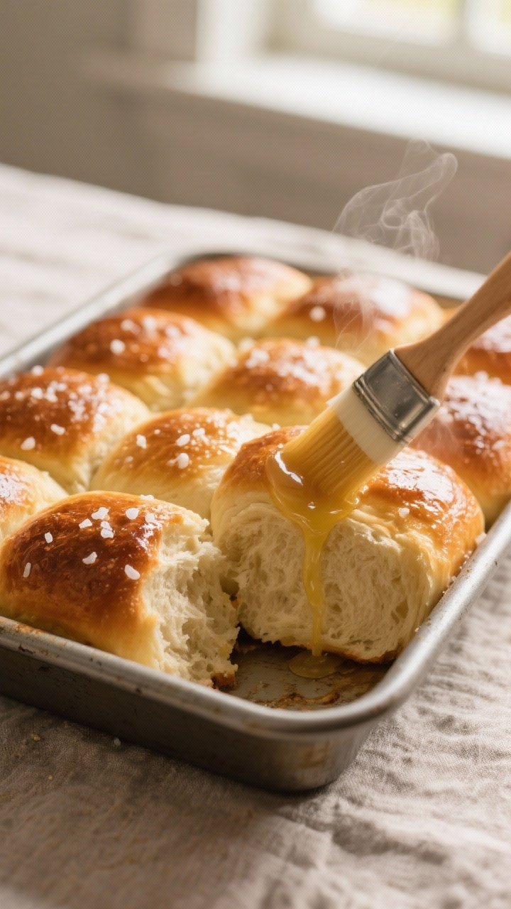 Close-up detail: A pan of freshly baked pull-apart dinner rolls just out of the oven, tops deep gold