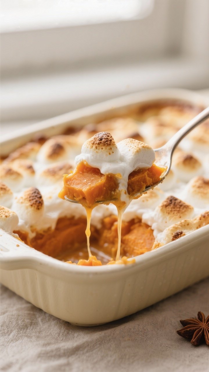 Close-up detail: A spoon scooping into a just-baked sweet potato casserole, revealing the silky, cin