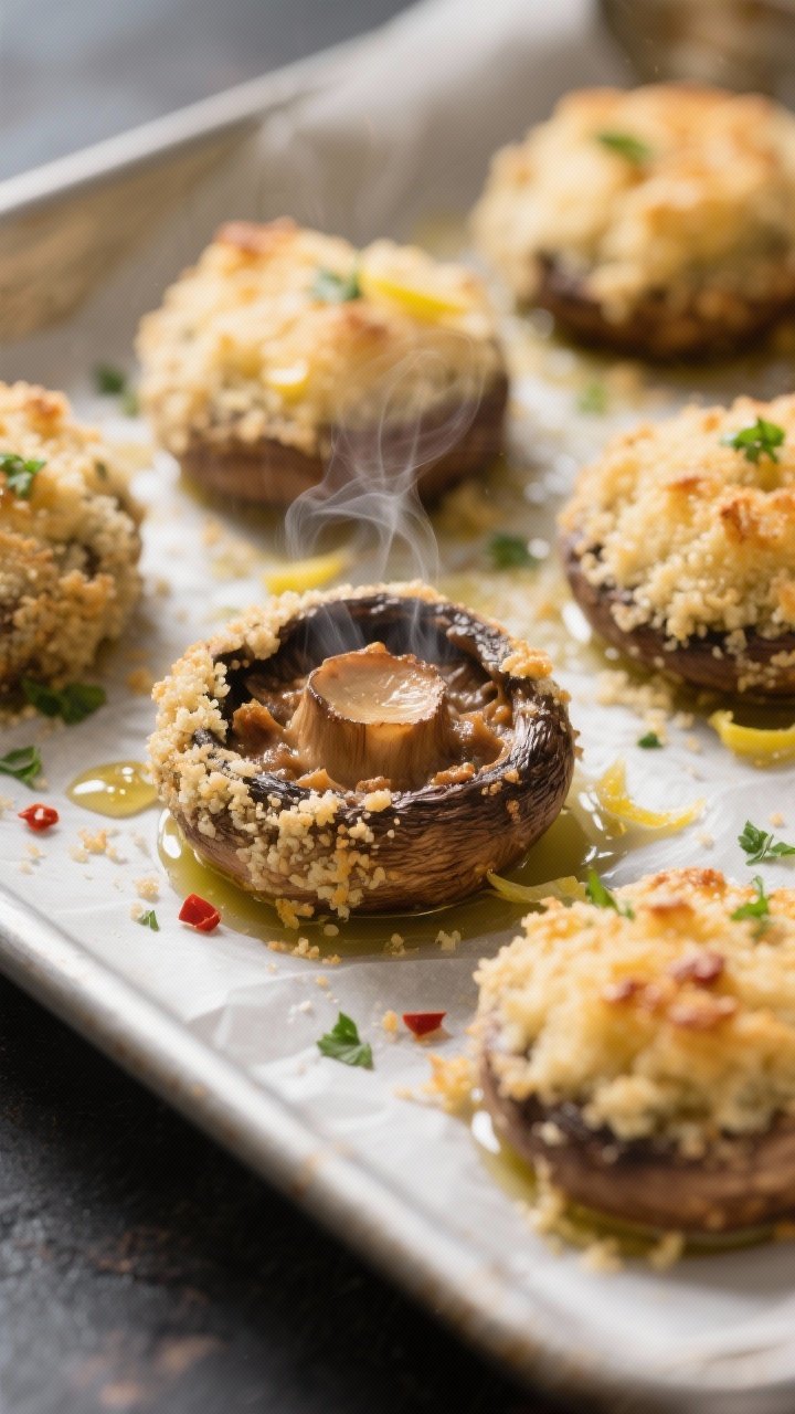 Close-up detail: A tray of freshly baked stuffed mushrooms just out of the oven, golden-parmesan cru