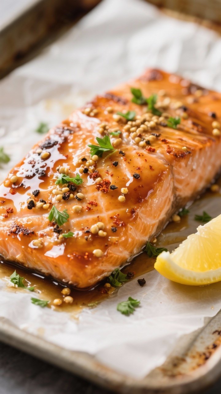 Close-up detail: Glazed maple-mustard salmon just out of the oven, showing glossy, caramelized top w