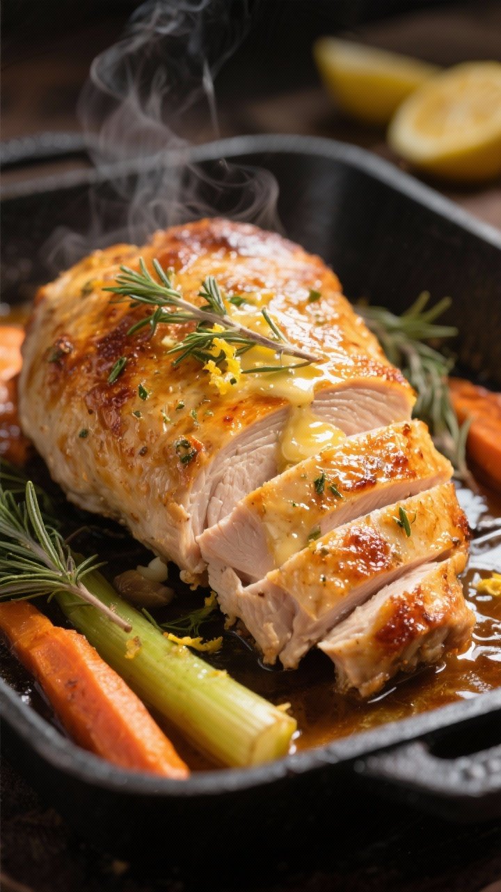 Close-up detail: Golden, crisp-skinned garlic butter roast turkey breast just out of the oven, skin