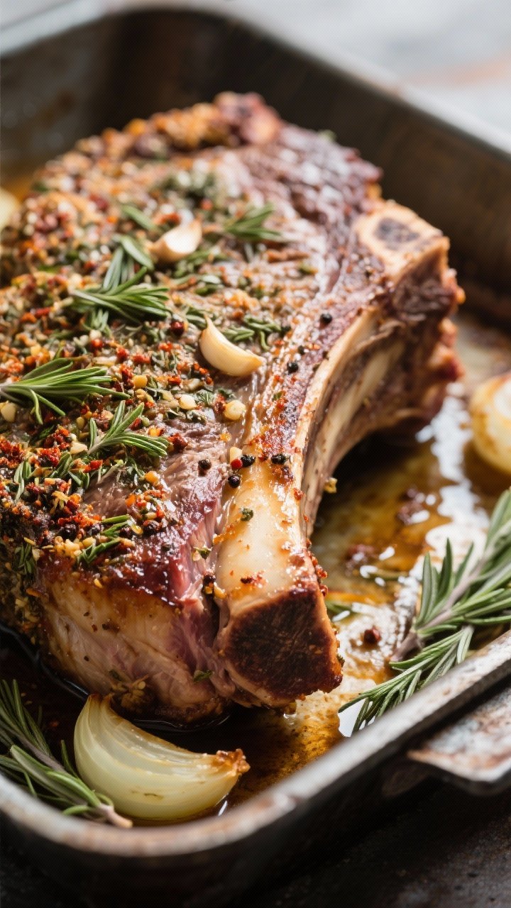 Close-up detail: Herb-crusted prime rib just out of the oven, focusing on the crackly golden-brown c