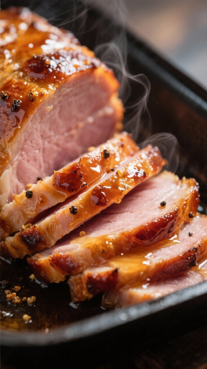 Close-up detail: Honey-glazed spiral ham just after the first glaze, slices fanning slightly with gl