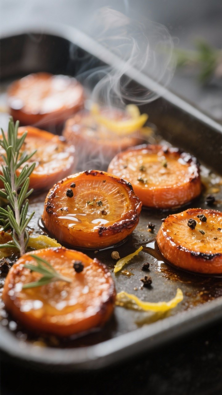 Close-up detail: Honey-roasted carrot coins just out of the oven, edges deeply caramelized and gloss