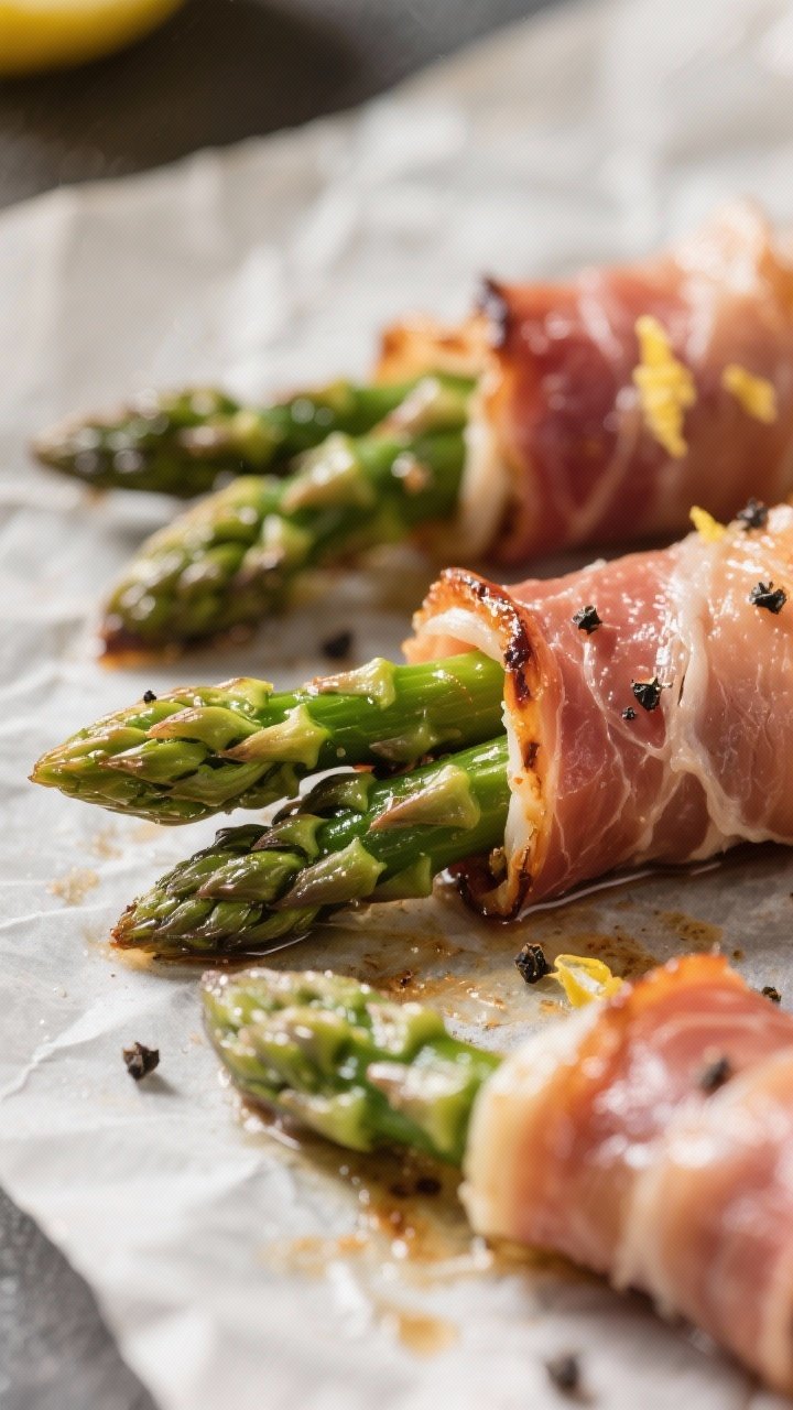Close-up detail: Prosciutto-wrapped asparagus just out of the oven on parchment, edges of prosciutto