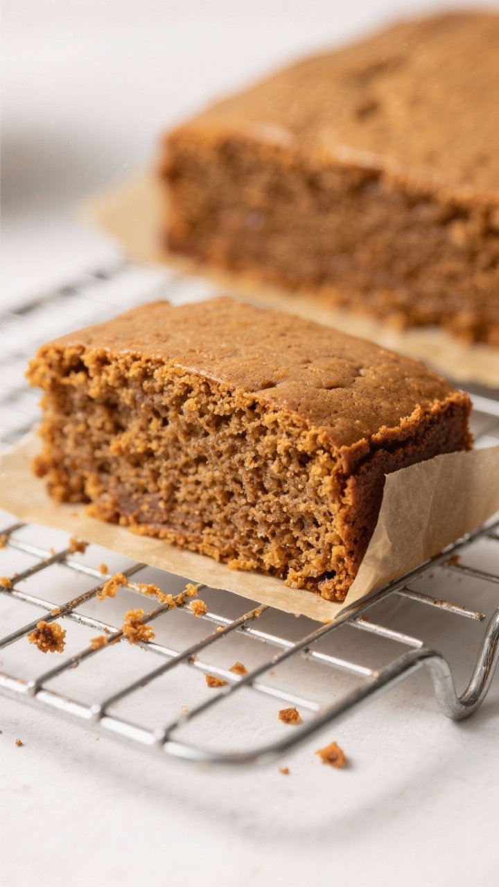 Close-up detail shot: A freshly baked gingerbread cake layer resting on a wire rack, golden-brown ed
