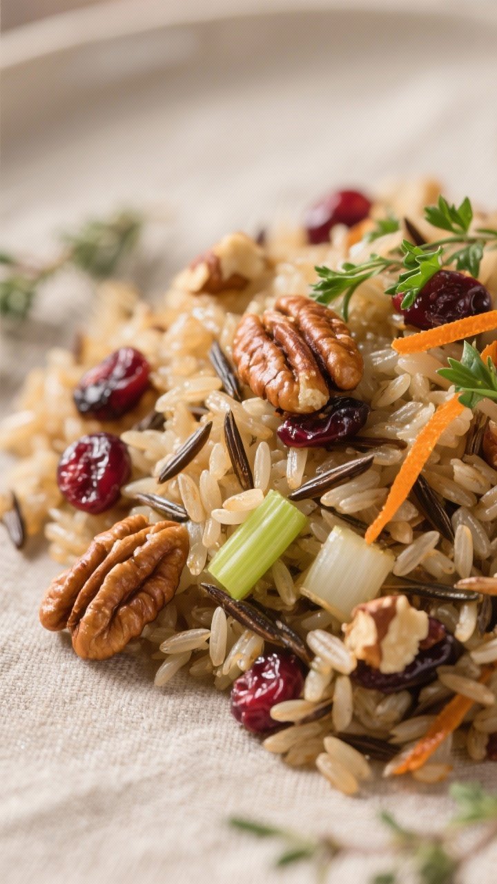 Close-up detail shot: Fluffy wild rice pilaf just after resting and fluffing, grains split at the en
