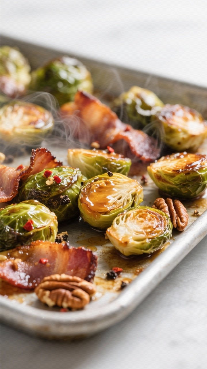 Close-up detail shot: Maple-roasted Brussels sprouts and thick-cut bacon just out of the oven on a p