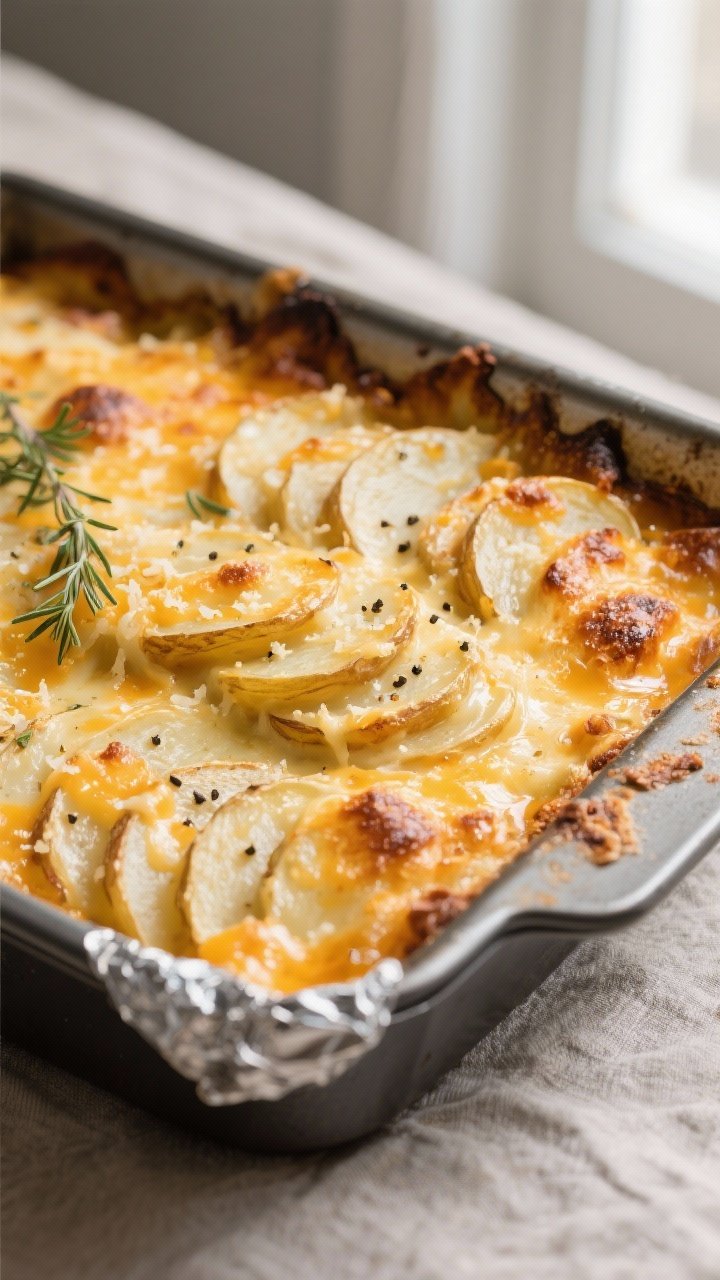 Close-up detail shot of a bubbling, oven-fresh pan of cheesy scalloped potatoes just after the foil 