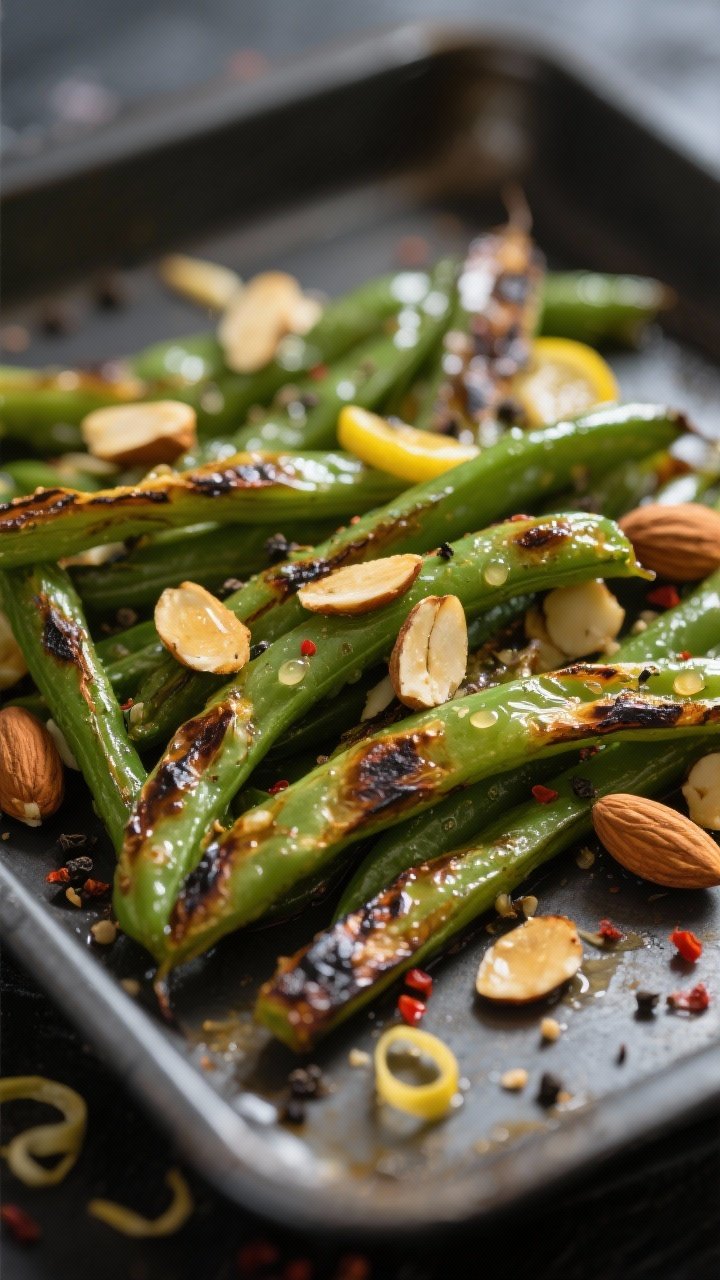 Close-up detail shot of roasted green beans with sliced almonds right out of the oven: blistered, ch