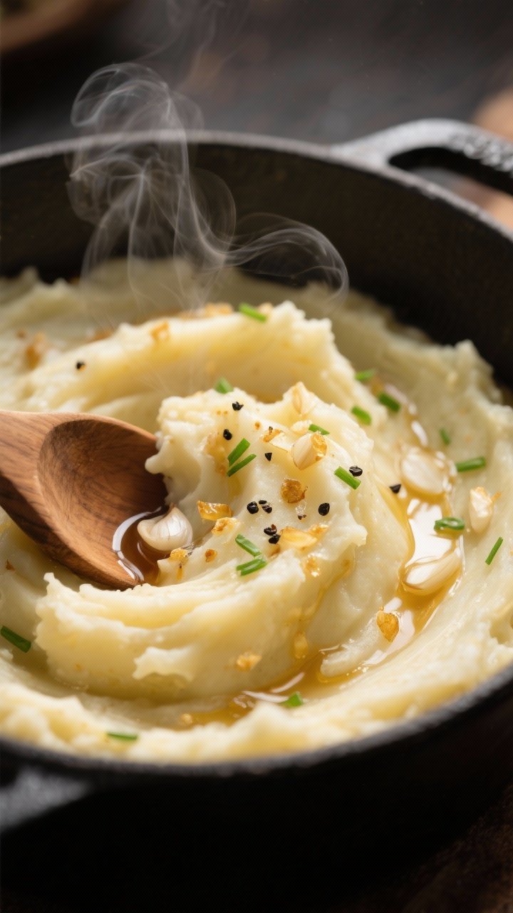 Close-up detail: Silky brown butter garlic mashed potatoes being folded with melted brown butter and