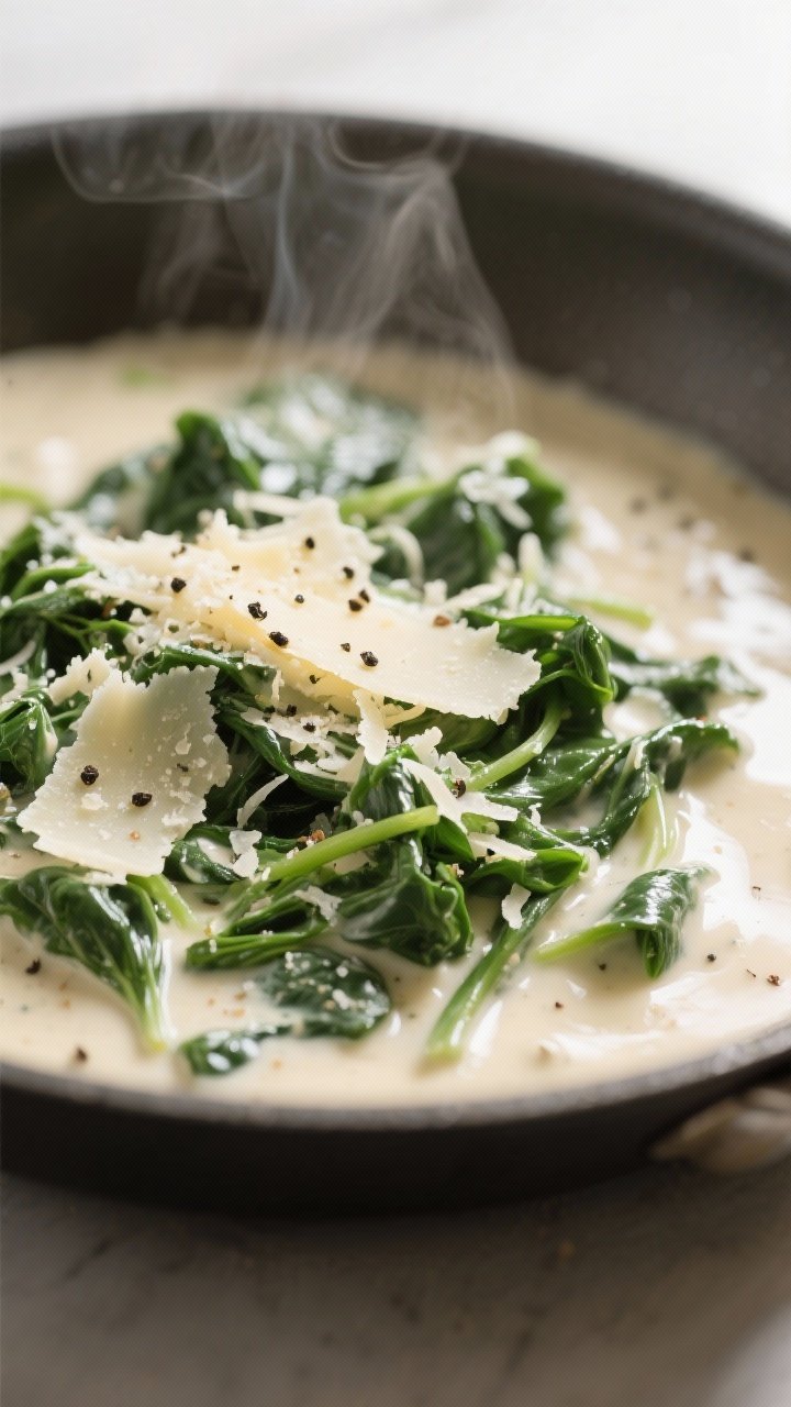 Close-up detail: Silky Parmesan creamed spinach just after cheese is folded in, glossy cream sauce c