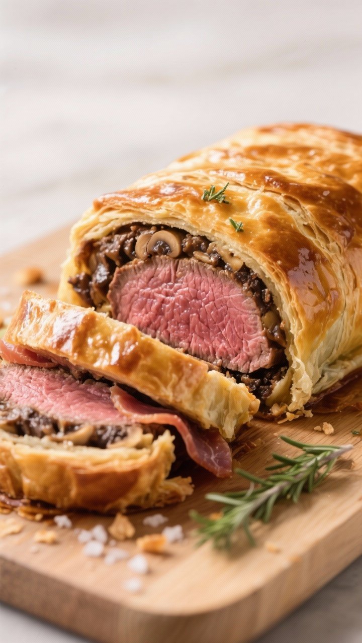 Close-up detail: Sliced Beef Wellington revealing a perfectly medium-rare tenderloin center (warm pi