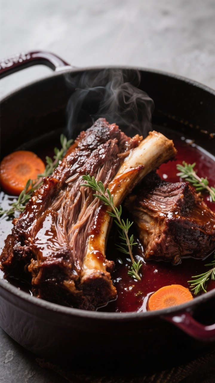 Close-up detail: Slow-braised beef short rib just out of the oven, deeply browned and glistening, st