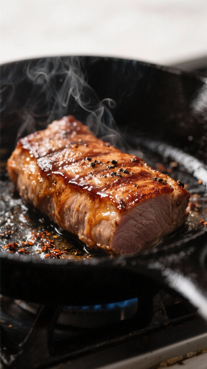 Cooking process, close-up detail: Sizzling pork tenderloin being seared in a black cast-iron skillet