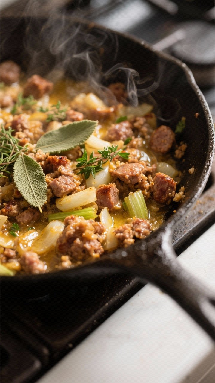 Cooking process close-up: Golden-browned sausage stuffing base sizzling in a skillet—crumbled pork