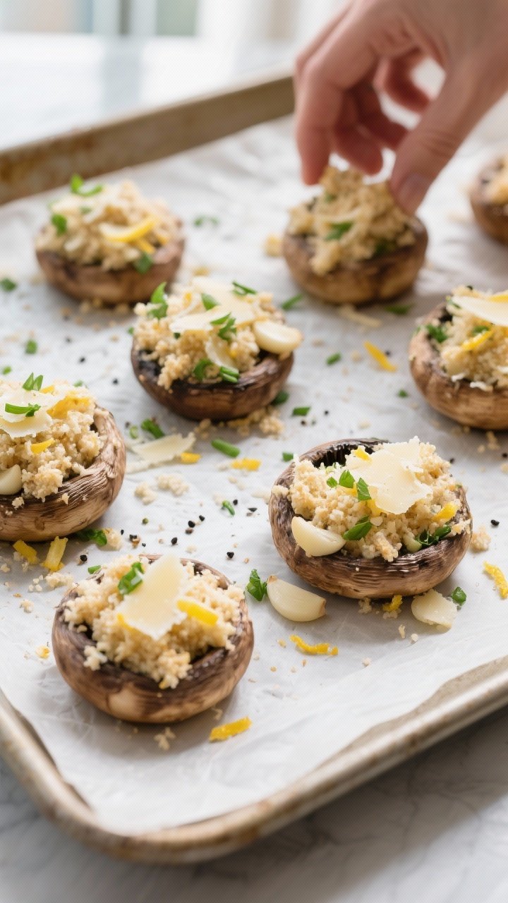 Cooking process: Overhead shot of mushroom caps on a parchment-lined baking sheet being generously f