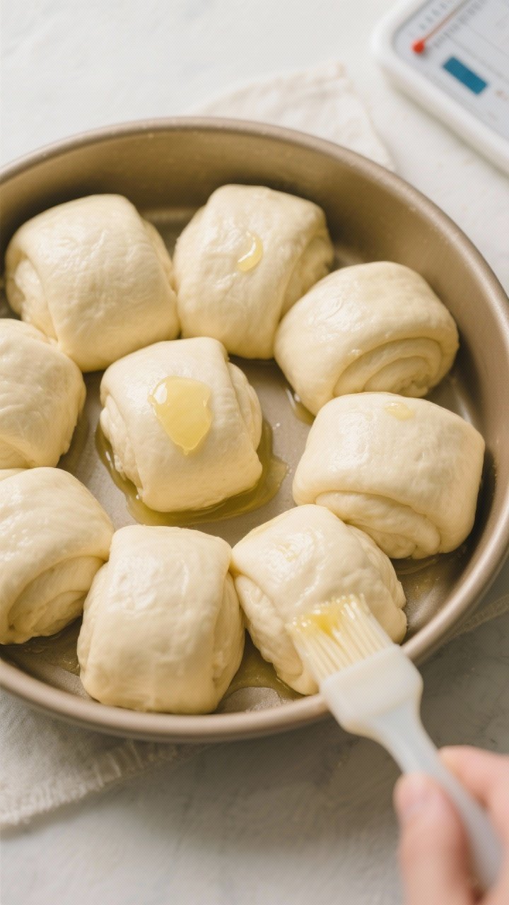 Cooking process: Overhead shot of shaped roll dough balls after the second rise, puffy and nearly to