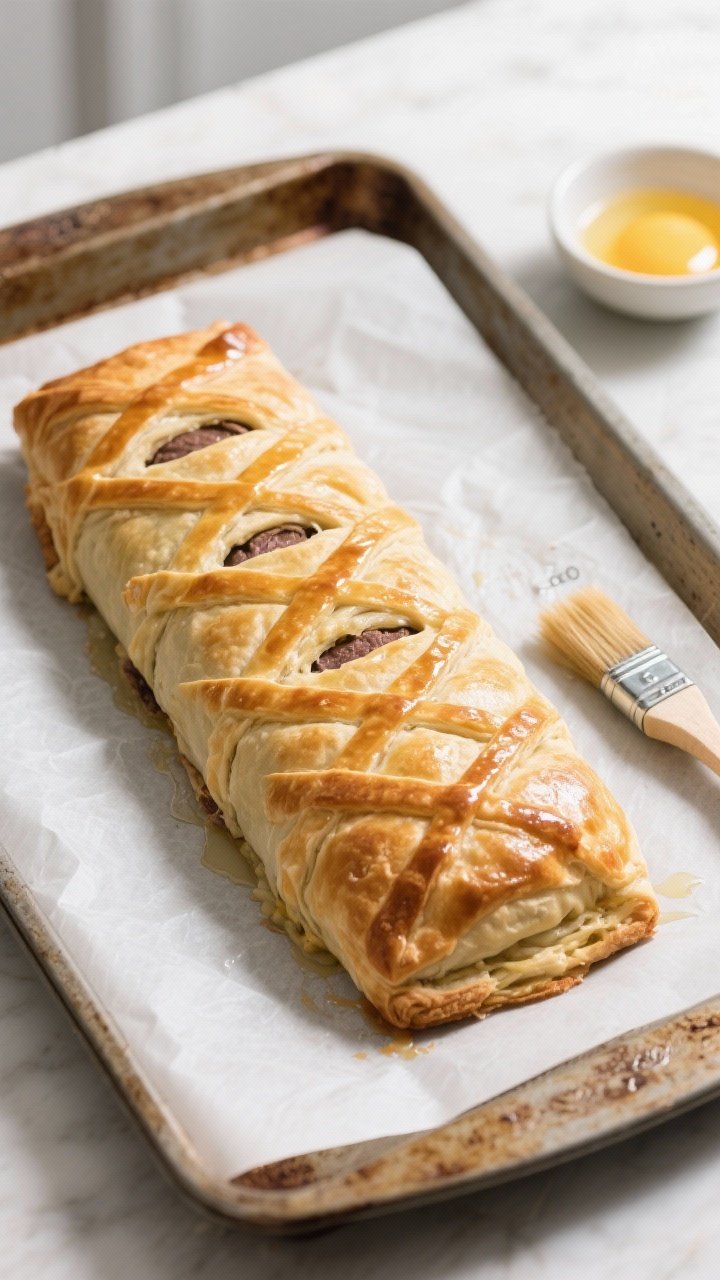 Cooking process: Overhead shot of the assembled, unbaked Beef Wellington on a parchment-lined, prehe
