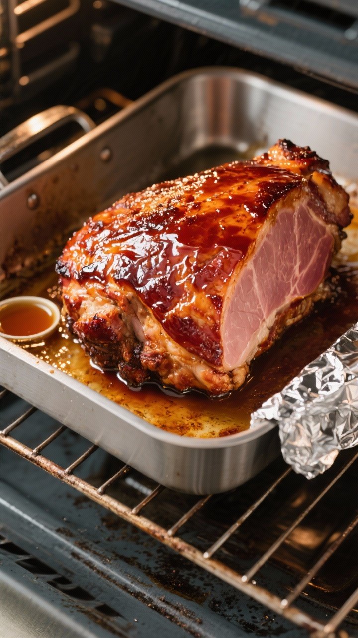 Cooking process: Overhead shot of the ham during the final caramelize step at 400°F, uncovered in a