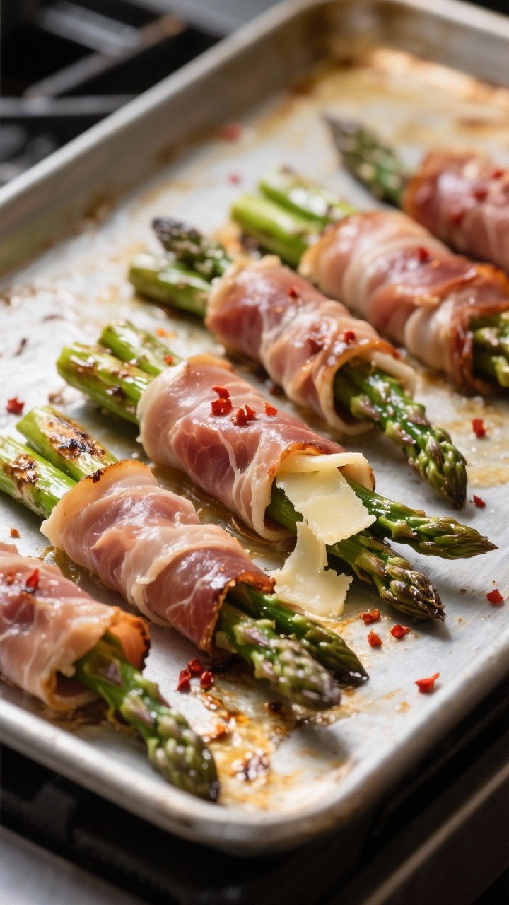 Cooking process: Prosciutto-wrapped asparagus bundles roasting at 400°F on a spaced-out sheet pan, 