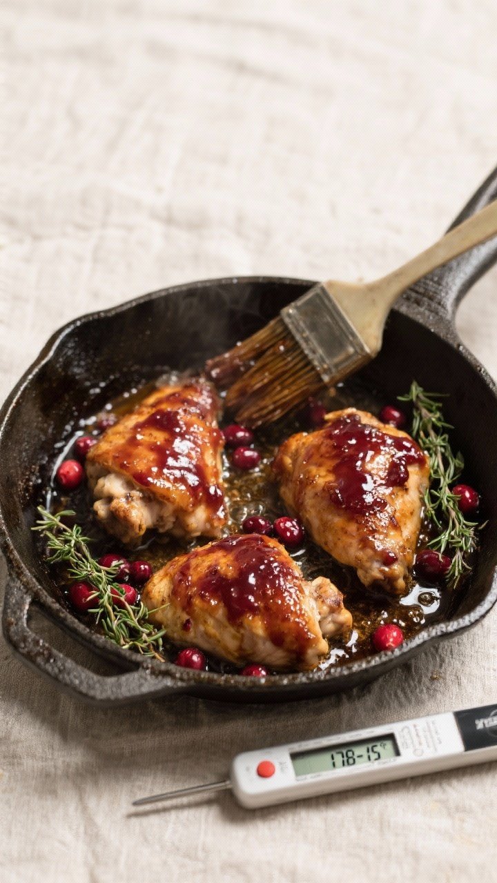 Cooking process shot: Cranberry-glazed chicken thighs roasting in an oven-safe skillet, mid-baste—