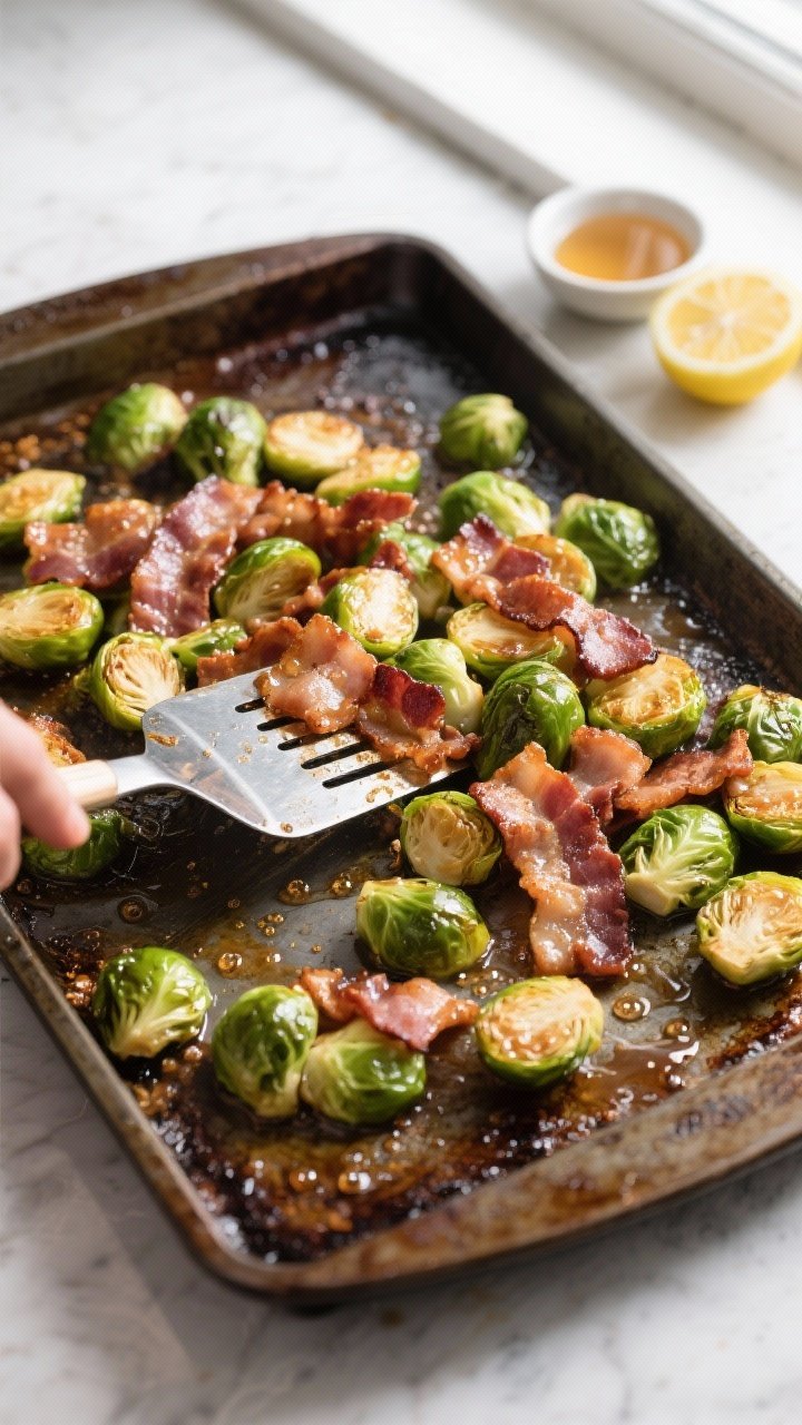 Cooking process shot: Overhead view of the hot baking sheet mid-roast at 12 minutes, Brussels sprout
