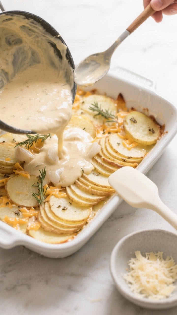 Cooking process shot: overhead view of the layered assembly stage in a greased white ceramic baking 