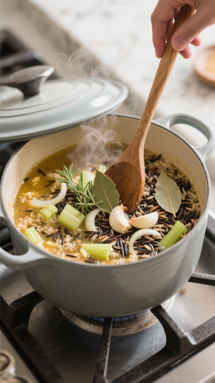 Cooking process shot: Wild rice pilaf simmering in a medium pot, lid just lifted with steam visible;
