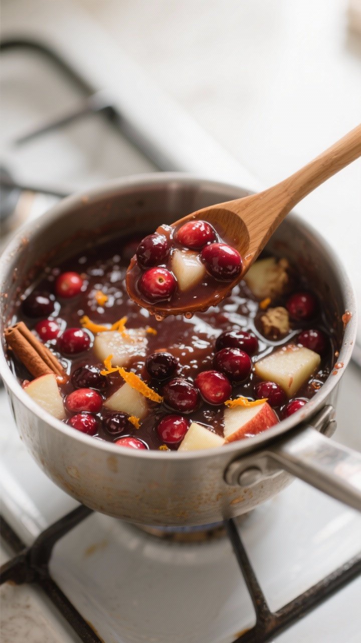 Cooking process: The cranberry chutney simmering in a small saucepan, thick and spoonable; cranberri