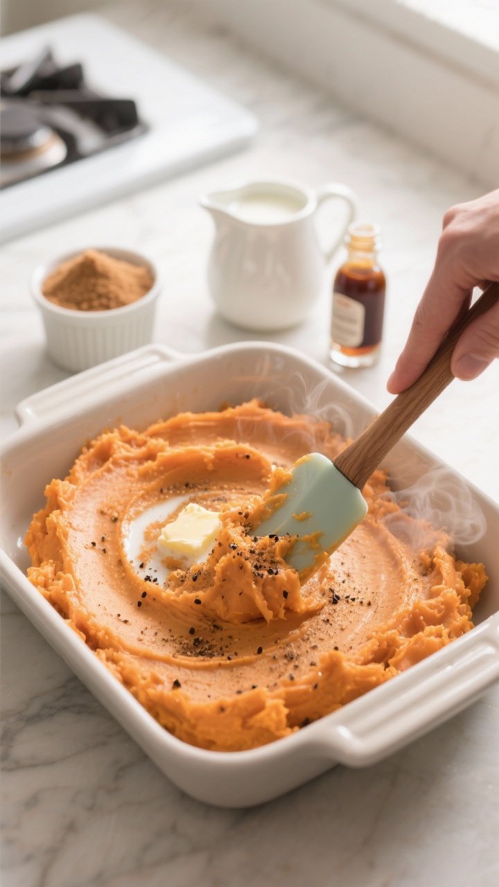 Cooking process: The seasoned sweet potato mash being smoothed into a greased 2-quart baking dish wi