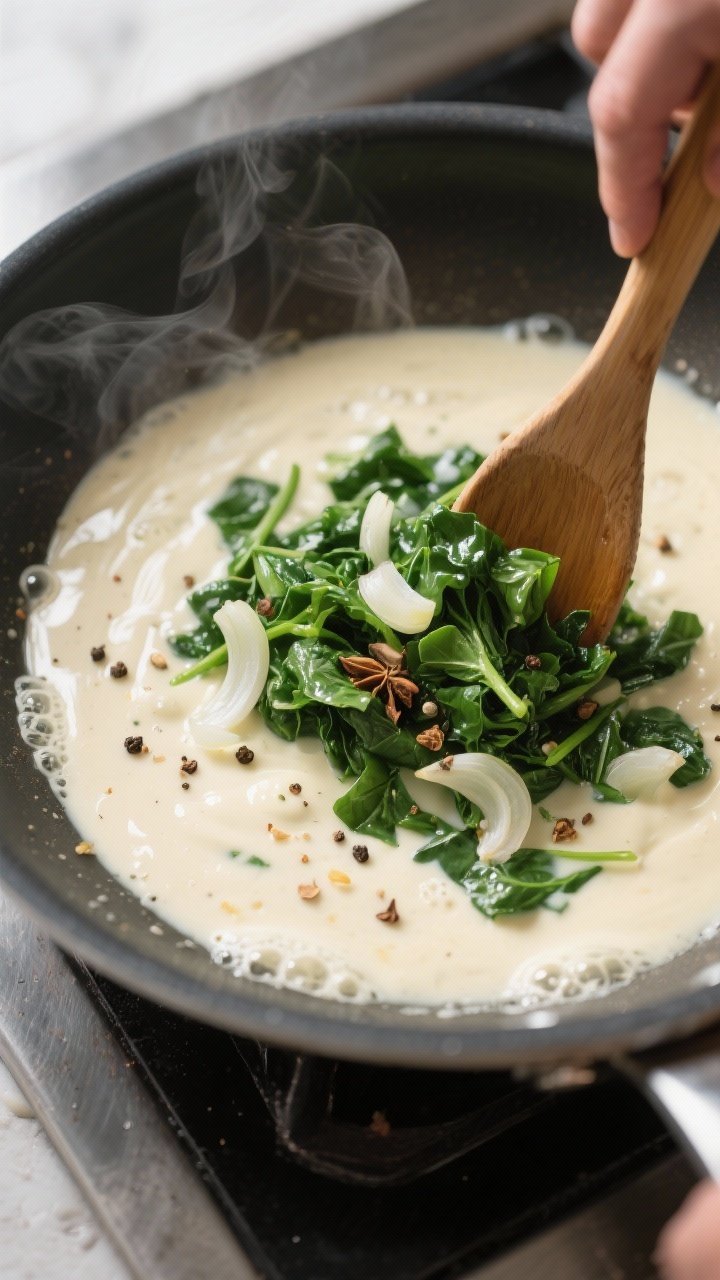Cooking process: Wide skillet shot mid-cook showing the cream sauce at gentle simmer—silky, slight