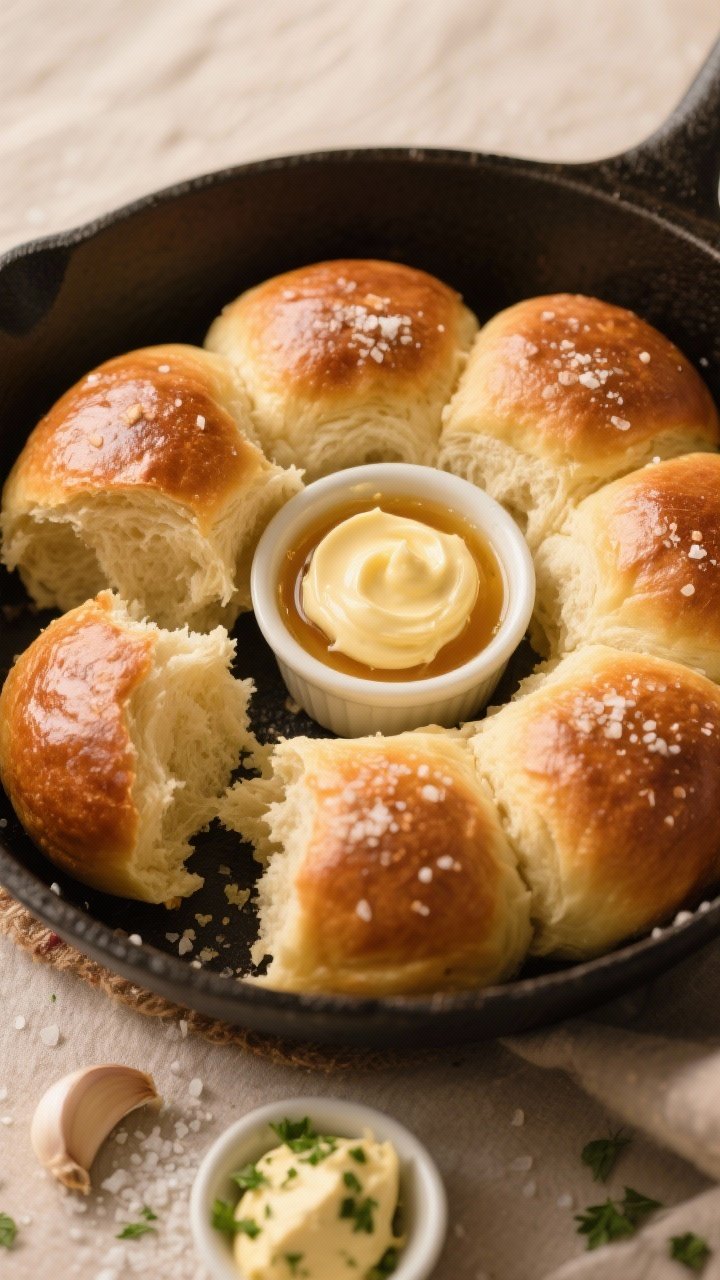 Final dish presentation: Beautifully plated buttery dinner rolls served in a cast-iron skillet, a fe