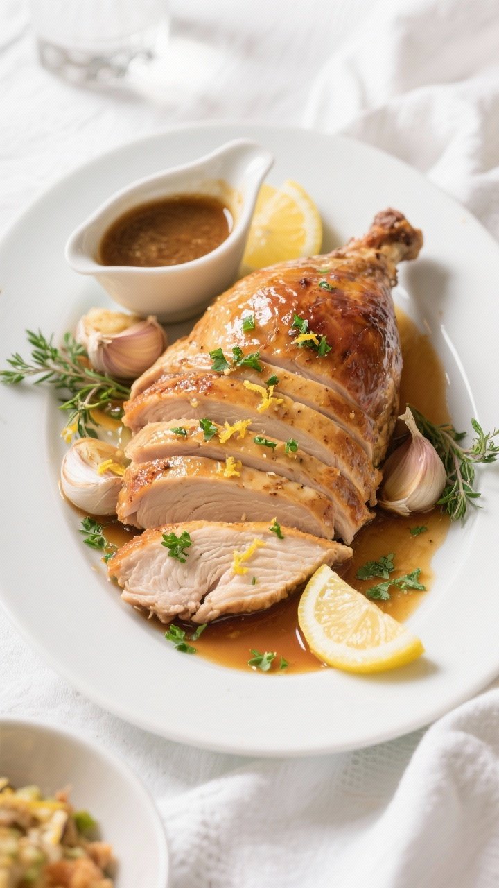 Final dish presentation: Beautifully plated carved garlic butter roast turkey—slices of juicy brea