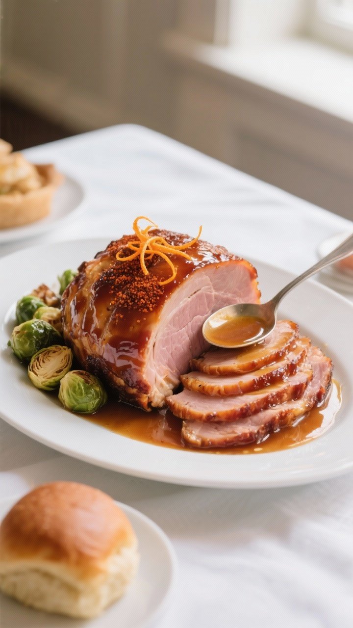 Final dish presentation: Beautifully plated honey-glazed spiral ham on a wide white platter, shiny, 