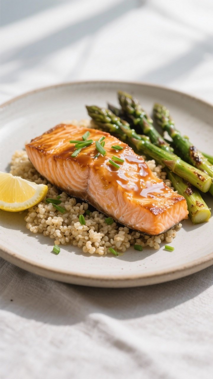 Final dish presentation: Beautifully plated maple-mustard salmon fillet over fluffy quinoa with a si