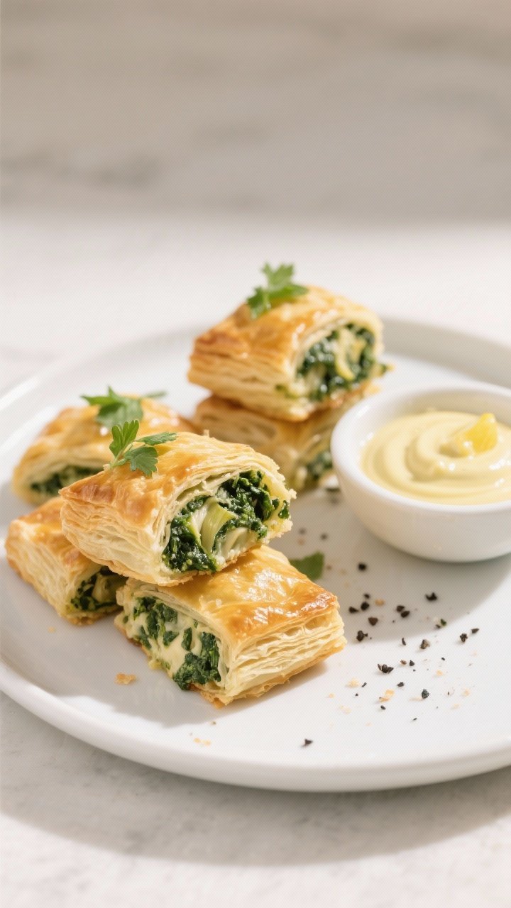 Final dish presentation: Beautifully plated spinach artichoke puff pastry bites stacked casually on 