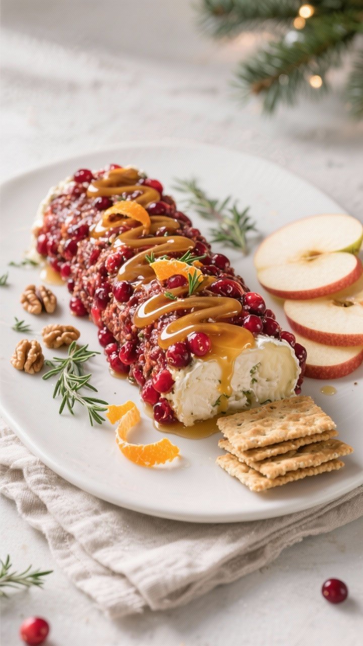 Final dish presentation: Cranberry Walnut Goat Cheese Log fully coated and set on a matte white plat