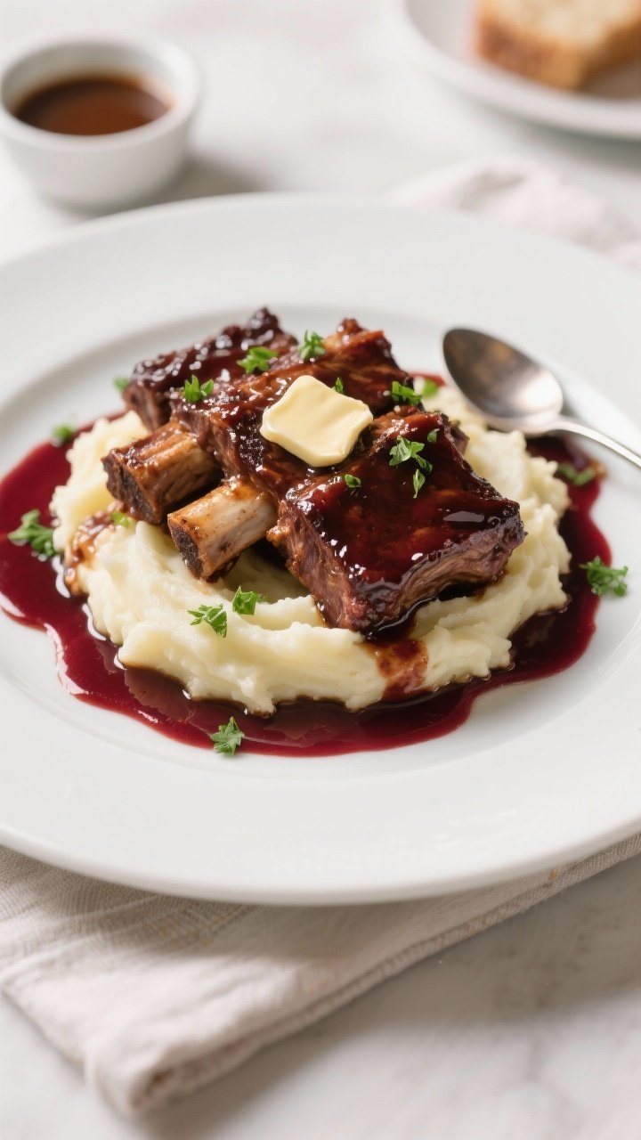 Final dish presentation: Restaurant-quality plated short ribs over creamy mashed potatoes, ribs nest