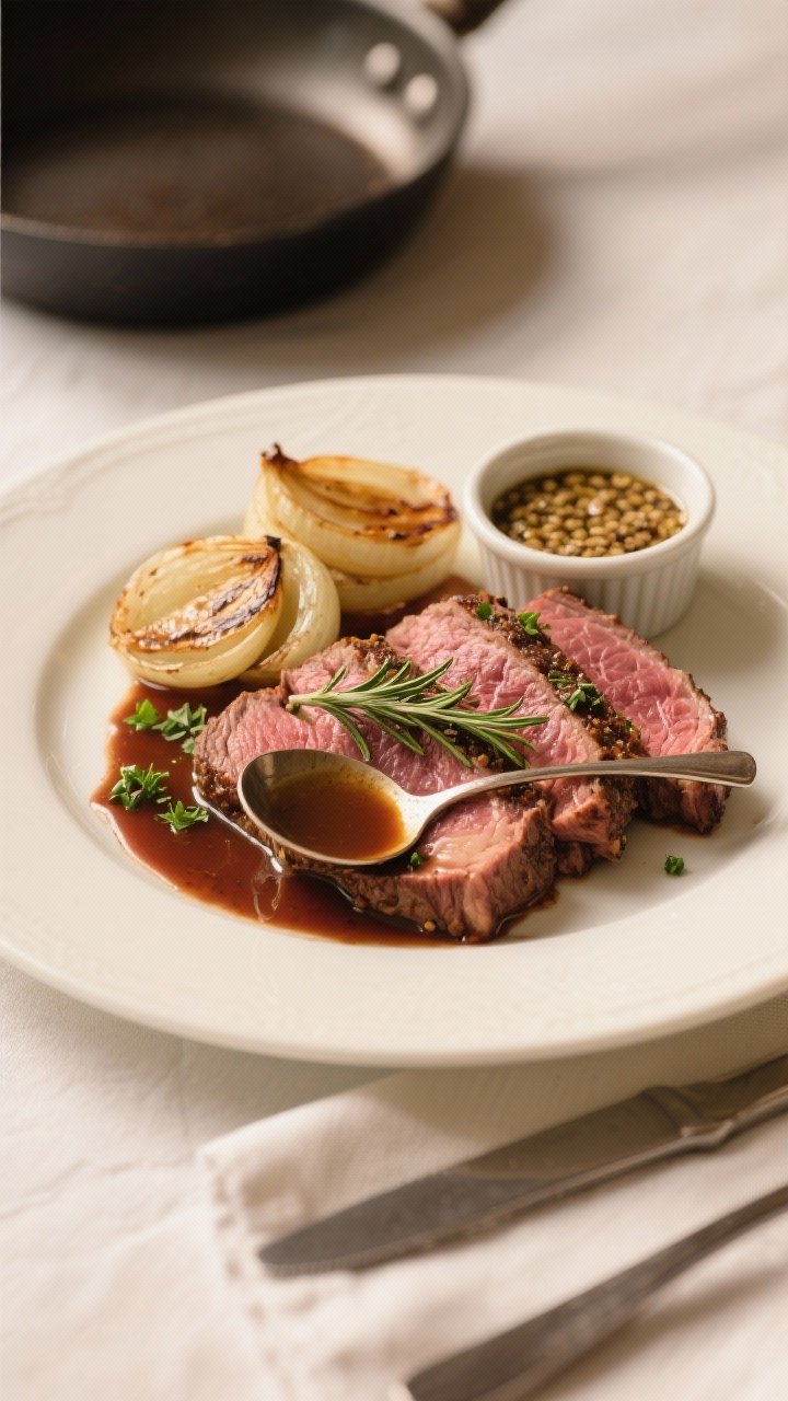 Final dish presentation: Restaurant-quality plated slices of prime rib on a warm white plate, finish
