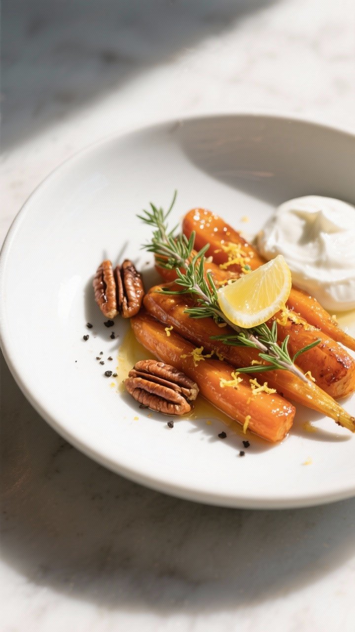 Final dish presentation: Restaurant-quality plating of honey-roasted carrots with thyme on a matte w