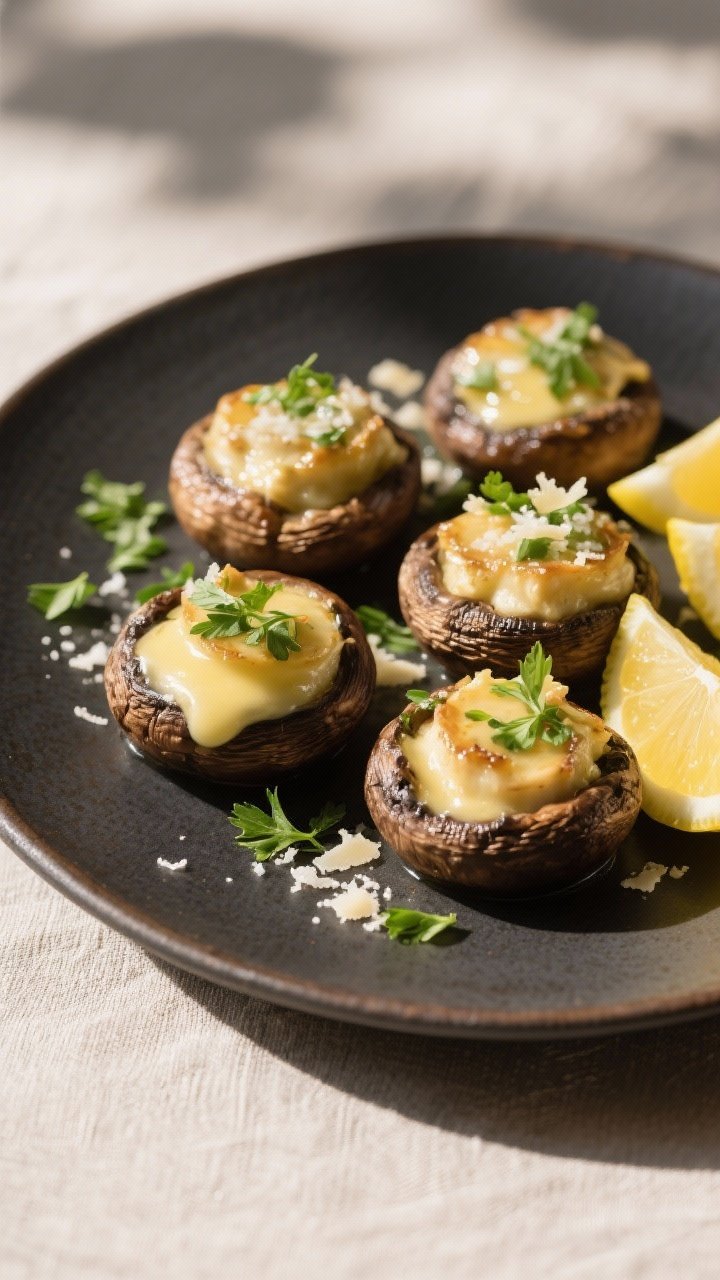 Final dish presentation: Restaurant-quality plating of stuffed mushrooms arranged on a matte dark ce