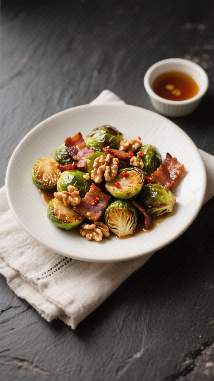 Final plated dish: Restaurant-quality presentation of Maple-Roasted Brussels Sprouts with Bacon on a