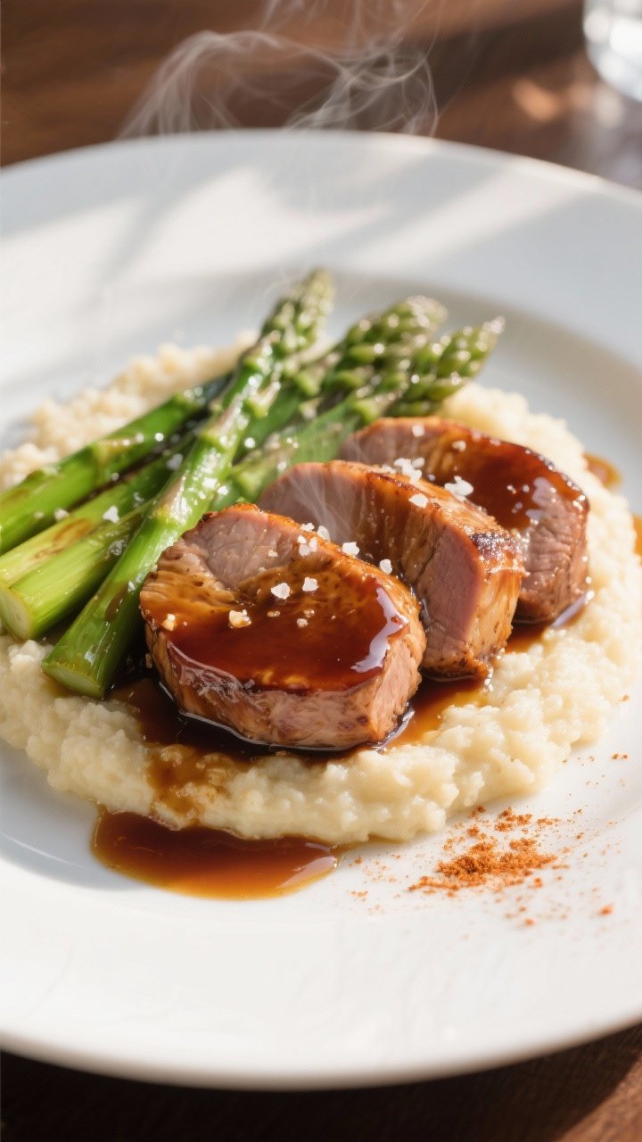 Final plated dish, restaurant-quality presentation: Beautifully plated bourbon-glazed pork tenderloi
