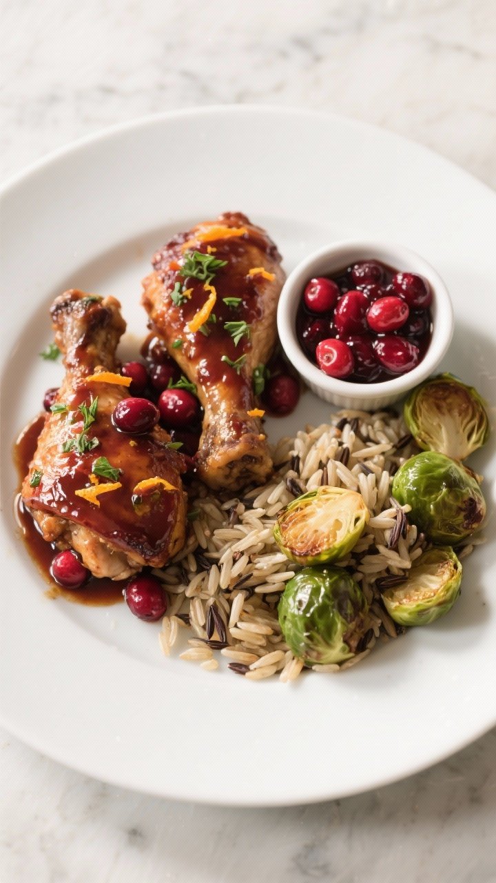 Final plated overhead shot: Beautifully plated cranberry-glazed chicken thighs on a matte white plat